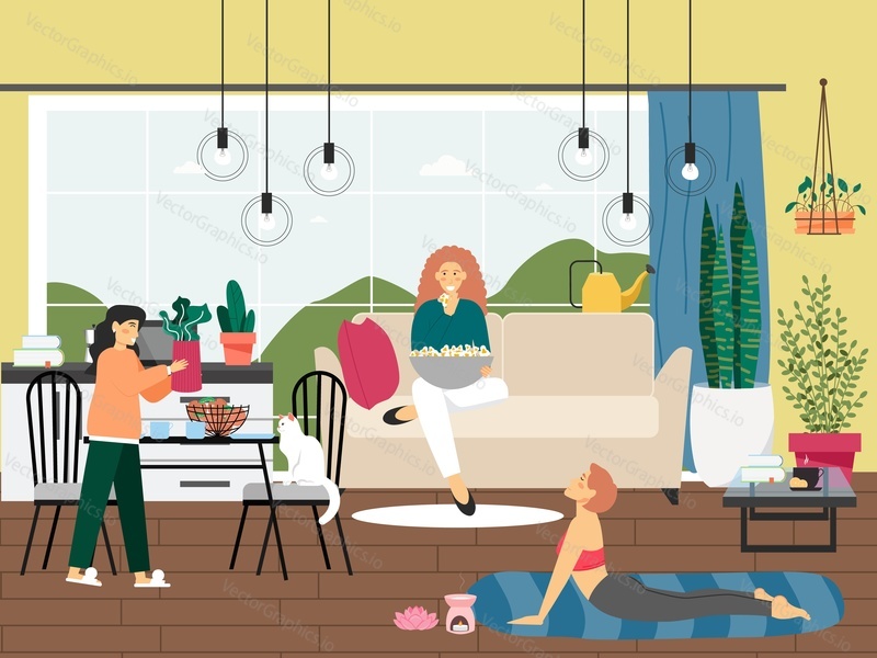 Family spending time at home, flat vector illustration. Female characters laying the table, doing yoga, sitting on sofa and eating popcorn in hall. Home routine. Household chores and leisure activity.