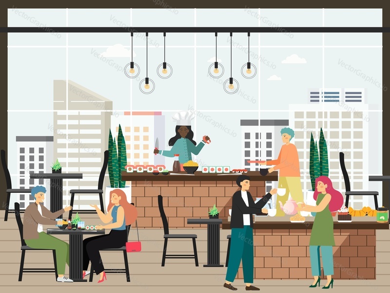 Hotel guests having dinner at cafe or restaurant, flat vector illustration. Hotel food service. Hospitality industry.