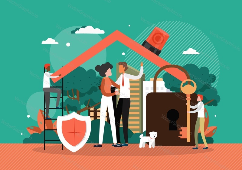 Happy couple in house building with lock, shield and alarm siren, flat vector illustration. Home security burglar alarm system. House protection, safety control.