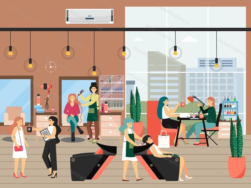 Ženské postavy ve vlasovém a kosmetickém salonu, ilustrace plochého vektoru. Účes, účes, manikúra, postup hygieny nehtů. Kadeřnický salon interiér se židlemi, zrcadly, kadeřnickými nástroji.