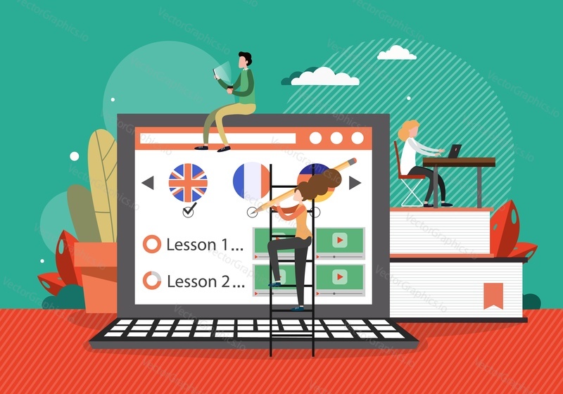 Tiny people, studenti studující angličtinu online, flat vector illustration. Kurzy cizího jazyka online. Distanční vzdělávání, dálkové vzdělávání, elearning.