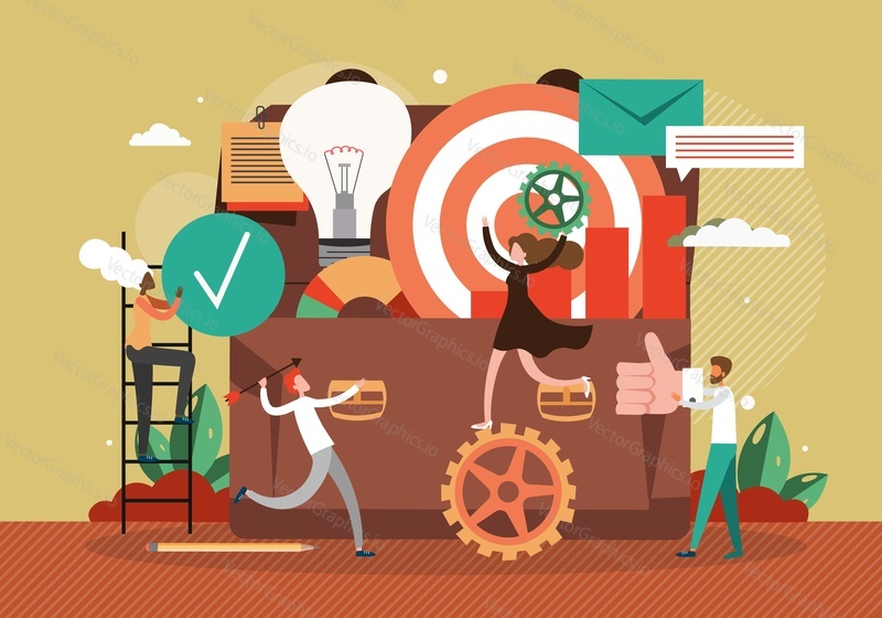 Tiny characters, office people packing huge briefcase with target, gear, light bulb, charts, thumbs up, email message symbols, flat vector illustration. Business office work experience concept.