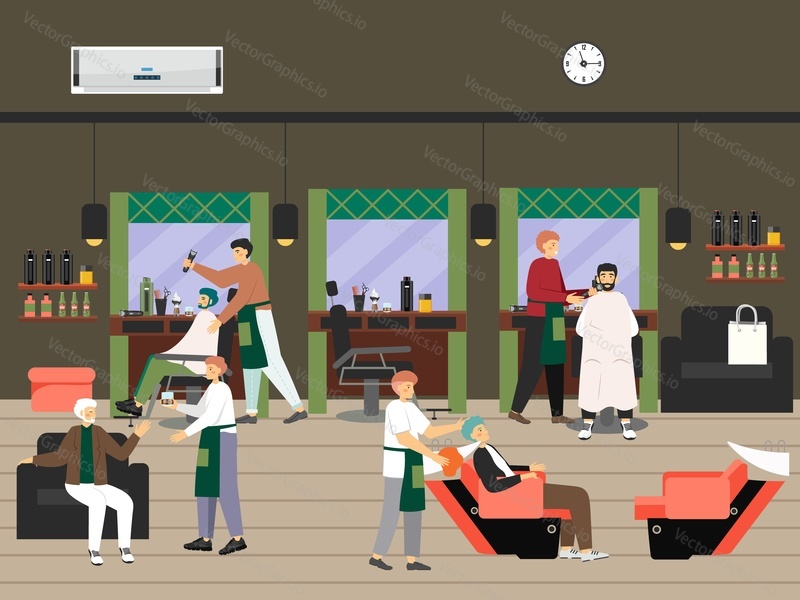 Мужские персонажи в парикмахерской, плоская векторная иллюстрация. Парикмахер моет волосы, делает стрижку, бреет бороду. Интерьер парикмахерской со стульями, зеркалами, парикмахерскими инструментами. Парикмахерская, студия груминга.