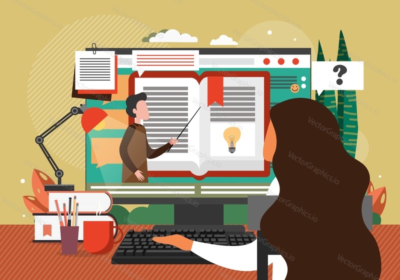 Mladá dívka studuje na dálku z domova, kanceláře, ploché vektorové ilustrace. Online vzdělávání, distanční vzdělávání, webinář, přednáška, online školení, výuka.