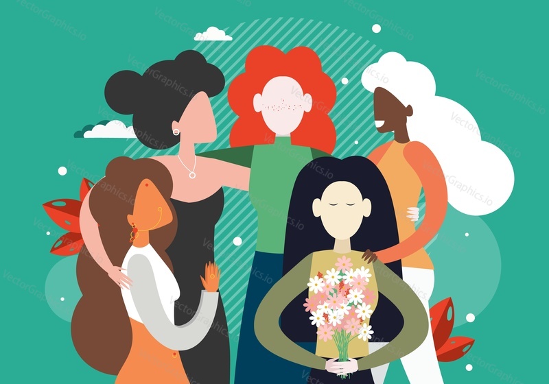 Skupina žen různých národností, feministky objímající se, plochá vektorová ilustrace. Feminismus, rozmanitost, posílení postavení žen, rovnost Ras, přátelství, mezinárodní solidarita.