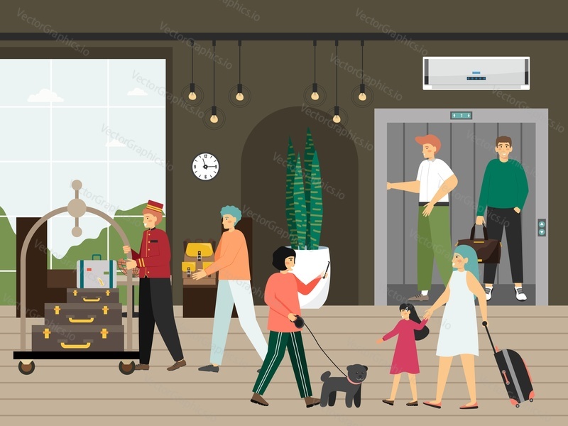 Hotel elevator, arriving and departing guests and porter with luggage trolley, flat vector illustration. Hotel customer service. Hospitality industry.
