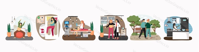 Těhotná žena aktivita set, plochý vektor ilustrace. Ženy cvičí s míčem, spí s těhotenským polštářem, chodí s manželem, navštěvují lékaře. Šťastné těhotenství. Prenatální zdravotní péče.