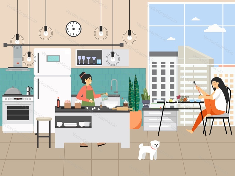 Mom and daughter preparing for Easter spring holiday celebration, flat vector illustration. Happy female characters baking and decorating traditional Easter cake and painting eggs in kitchen.