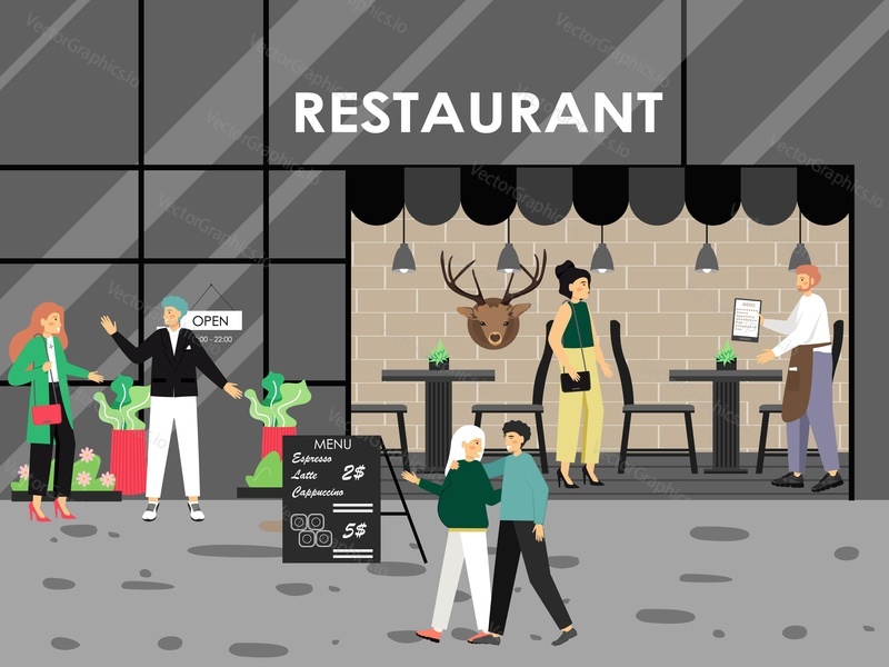 People in restaurant, flat vector illustration. Waiter giving menu to young lady, happy couples visiting cafe, sushi bar. Asian restaurant business, service.