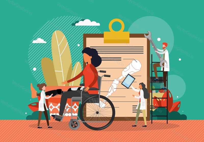 Woman with leg prosthesis sitting in wheelchair, flat vector illustration. Patient with disability visiting doctor to put on prosthetic limb. Disabled healthcare. Physical therapy. Orthopedic center.