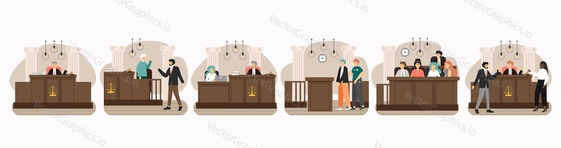 Набор сцен судебного разбирательства, плоская векторная иллюстрация. Судебное заседание в зале суда. Судья, присяжные, адвокаты, охранник, обвиняемый. Публичные слушания, уголовное судопроизводство. Судебный процесс. Закон и справедливость.