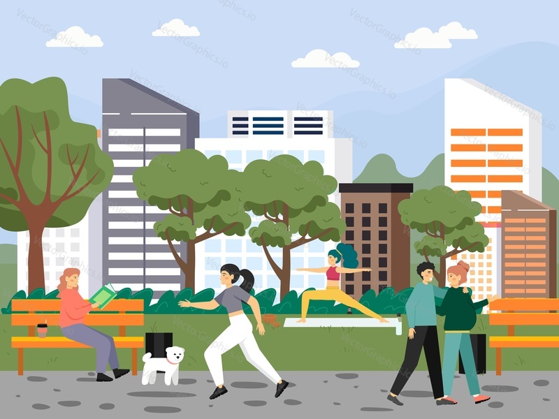 Happy people walking, running, doing yoga, sitting on bench, reading book in city park, flat vector illustration. Characters enjoying spring weather. Healthy active lifestyle. Spring leisure activity.