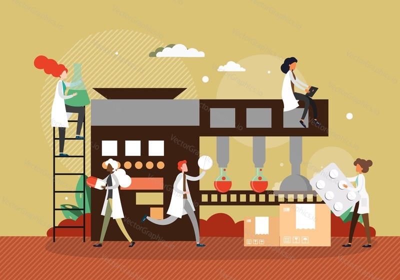 Drug manufacturing process, flat vector illustration. Pharmaceutical production line at pharma factory, glass beakers on conveyor belt. Pharmacists working at pharmaceutical plant. Pharmacy industry.