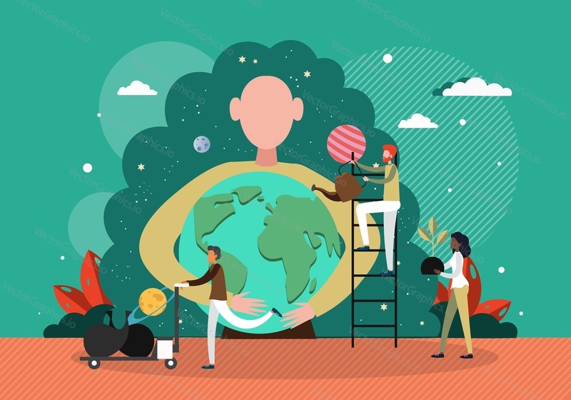 Dobrovolníci čištění, zalévání a terénní úpravy planety Země, ploché vektorové ilustrace. Ekologové se starají o planetu. Žena objímání zeměkoule. Uložit prostředí. Miluju přírodu. Oslava Dne Země.