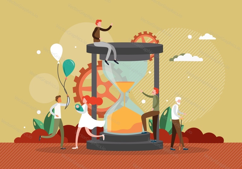Young couple with newborn baby, huge hourglass, middle aged and old male characters, flat vector illustration. Aging process, lifespan, generation, human life cycle from infancy to senior years.