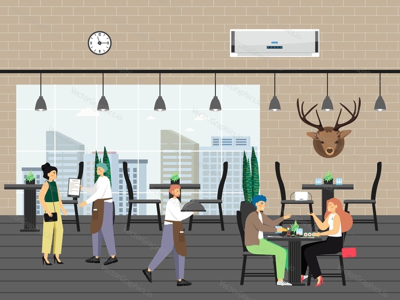 People in restaurant, flat vector illustration. Waiter characters giving menu to young lady and taking order, serving food in silver dish to happy couple sitting at table. Waiting staff.