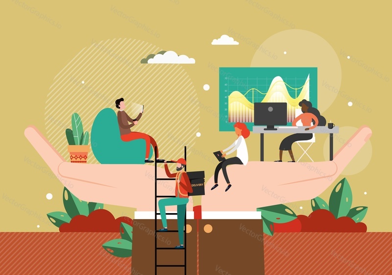 Giant boss hands holding happy subordinate tiny male and female characters, flat vector illustration. Workplace safety, employee care, wellbeing, benefits. Corporate insurance.