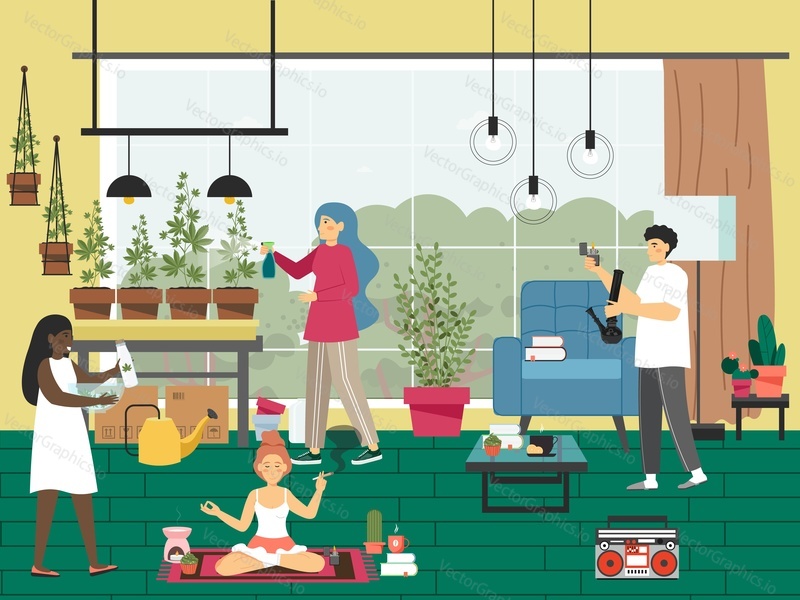 Lidé, kteří pěstují rekreační konopí a používají produkty CBD doma, Ilustrační obrázek flat vector. Ženské postavy zalévají rostliny marihuany, meditují a kouří plevel, muž kouří z bongu.