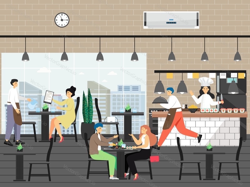 People in restaurant, flat vector illustration. Chef cooking in kitchen, waiters taking order, serving food, happy couple eating sushi rolls sitting at table. Asian restaurant, sushi bar business.