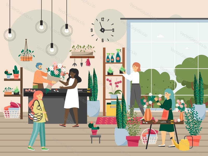 People in flower shop, flat vector illustration. Male and female characters selling flower bouquets, potted houseplants, making floral arrangements. Florist business.