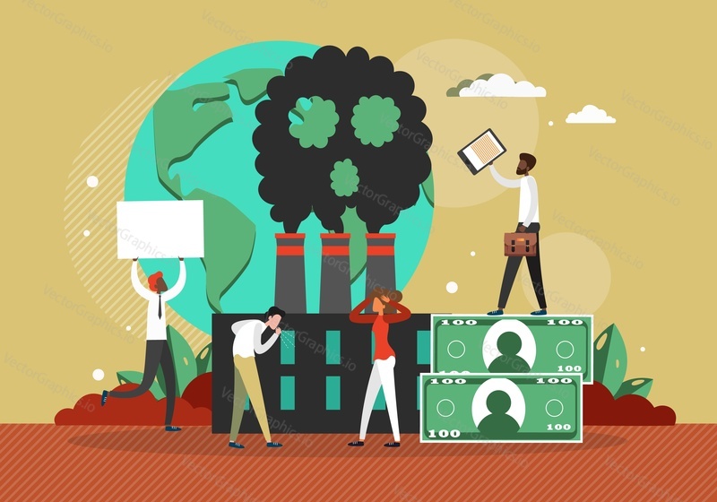 People coughing, having difficulty breathing because of industrial factory smog, flat vector illustration. Climate change, global effect of air pollution, bad ecology, environmental problem.