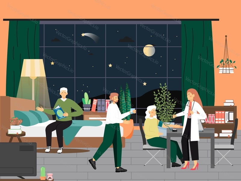 Elderly people in nursing home, assisted living community, flat vector illustration. Older adults reading, getting assistance of skilled nurse. Elderly care. Healthy and active lifestyles for seniors.
