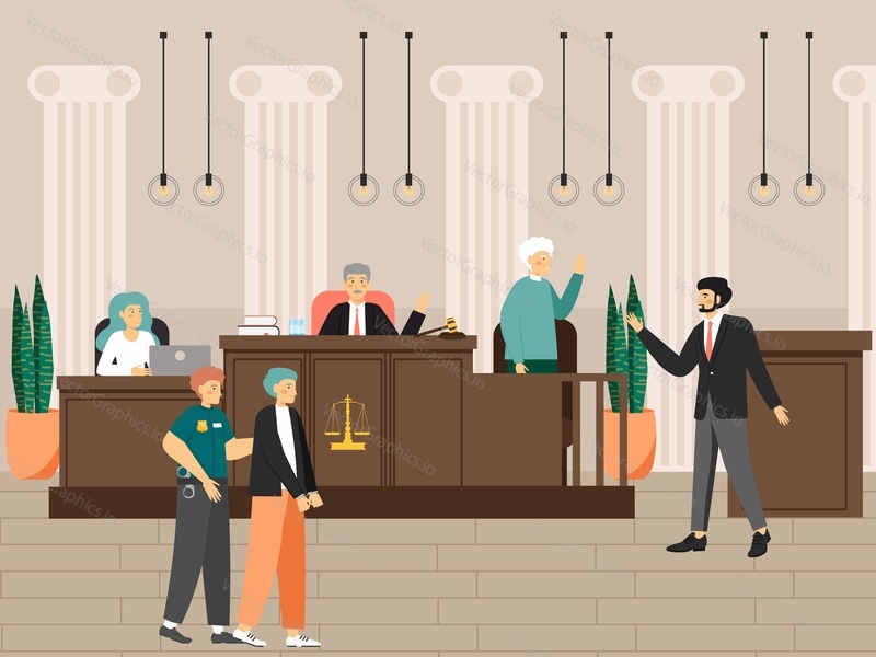 Судебное заседание в зале суда, плоская векторная иллюстрация. Судебные сцены с судьей, адвокатами, охранником с преступником, женщиной, записывающей судебное заседание. Судебный процесс. Закон и справедливость.