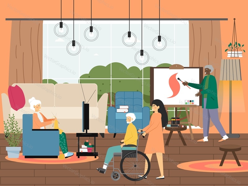 Elderly people in nursing home, assisted living community, flat vector illustration. Older adults knitting, drawing picture, walking with caregiver. Elderly care. Healthy active lifestyles for seniors