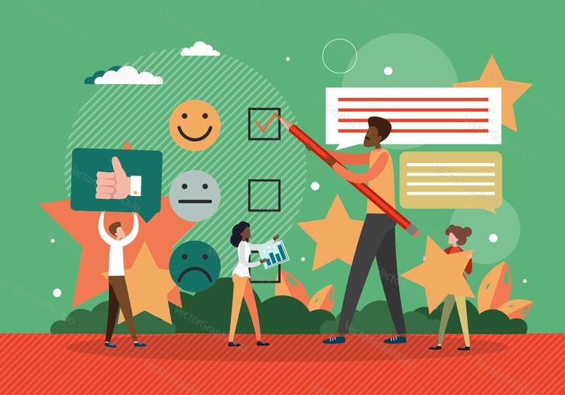 Customer reviews concept flat vector illustration. Positive client feedback on electronic commerce, online shopping site. Rating star, like thumbs up, emoji. Customer satisfaction survey.