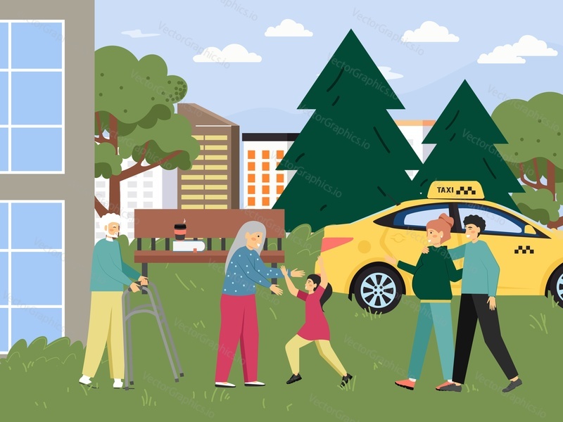 Elderly people in nursing home, assisted living community, flat vector illustration. Happy family visiting aging loved grandparents. Elderly care. Healthy and active lifestyles for seniors.