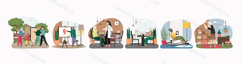 Sada domů s pečovatelskou službou, ilustrace plochého vektoru. Starší lidé čtení, získání zdravotní sestra pomoc, večeře, kreslení obrázek, cvičení, setkání s rodinou. Péče. Aktivní, zdravý životní styl.