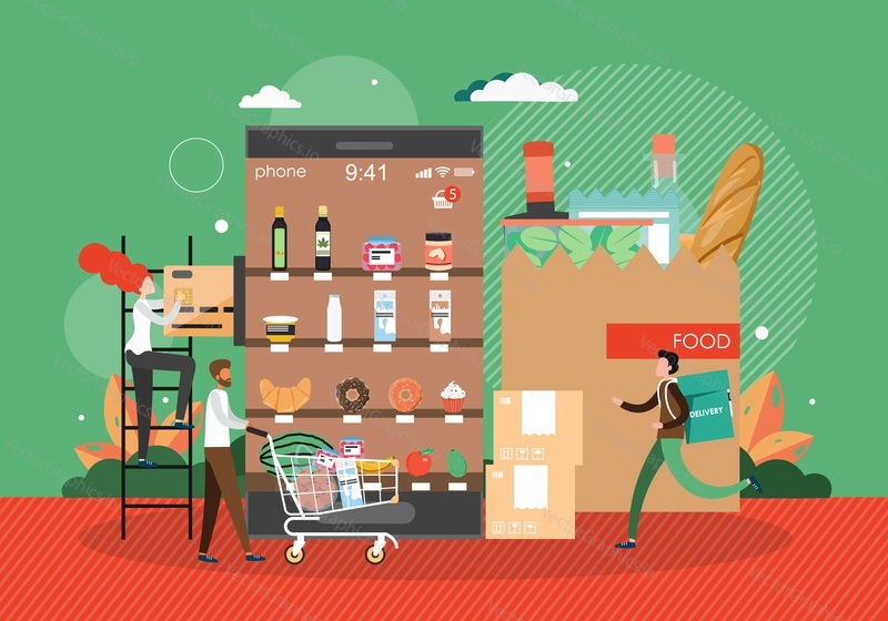 Интернет-продуктовый магазин. Гигантский смартфон, бумажный пакет с продуктами питания и крошечными персонажами с корзиной покупок, кредитная карта, плоская векторная иллюстрация. Служба доставки онлайн - заказов продуктов.
