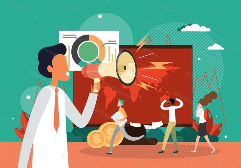 Angry boss shouting at his subordinates through megaphone, flat vector illustration. Office workers, employees closing ears, holding head with hands, having headache. Workplace stress, conflict.
