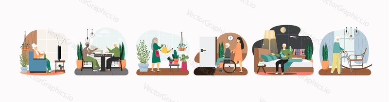 Scéna s pečovatelskou službou, ilustrace plochého vektoru. Starší dospělí zalévání rostlin, hraní dámy, pletení, chůze s pečovatelem, čtení knih. Péče. Zdravý aktivní životní styl pro seniory.