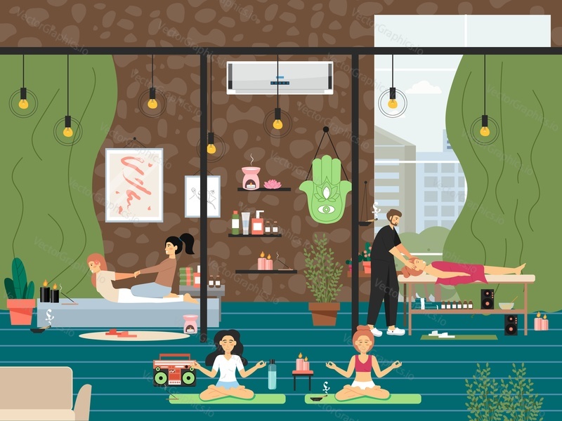 People getting head, back massage, meditating in lotus position, flat vector illustration. Massage therapy and body relaxing procedures. Anti stress relaxation. Spa and beauty treatment.