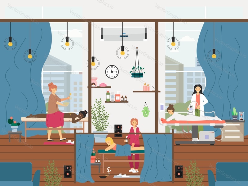 People getting leg, back, lpg, anti cellulite massage, flat vector illustration. Massage therapy and body relaxing procedures. Spa and beauty treatment.