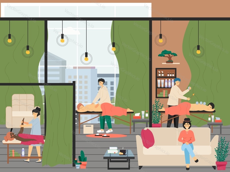 People getting arm, back massage, flat vector illustration. Massage therapy and body relaxing procedures. Cupping therapy. Spa and beauty treatment.