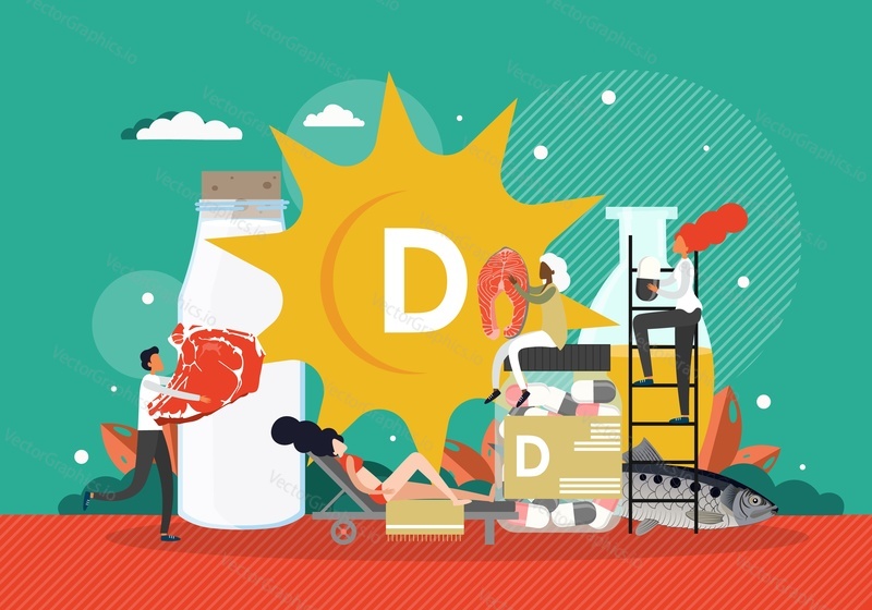 Lidé opalování, jíst potraviny s vysokým obsahem vitamínu d, užívání pilulek, ploché vektorové ilustrace. Zdroje vitaminu d. Zdravé produkty, doplňky výživy.