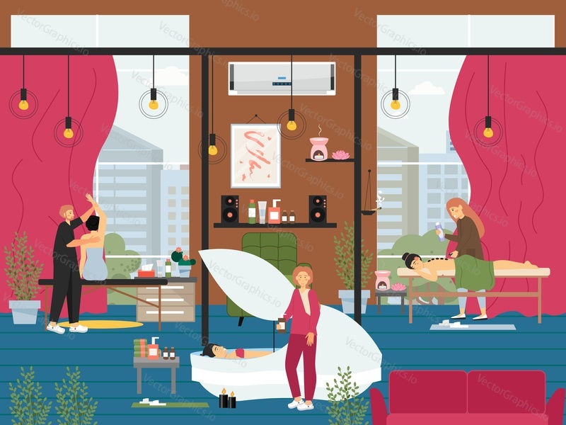 People getting back massage, flat vector illustration. Hot stone massage therapy and body relaxing procedures. Spa and beauty treatment. Osteopathy, physiotherapy.