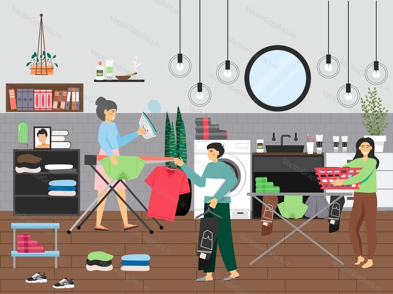 People doing laundry, ironing and folding clothes, cleaning bathroom, flat vector illustration. Domestic laudry and ironing service. Housekeeping, home cleaning.