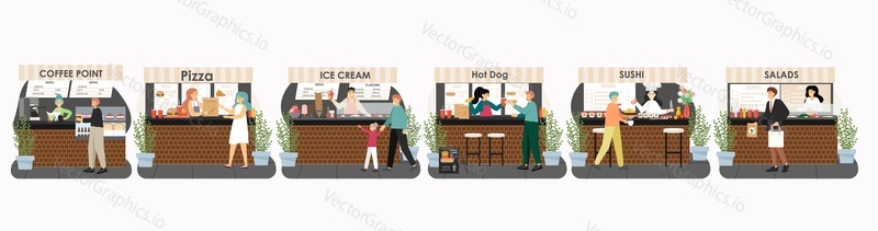 Продуктовый киоск торгового центра Market place, набор киосков, плоская векторная изолированная иллюстрация. Люди покупают кофе, хот-доги, мороженое, пиццу, суши, салат.
