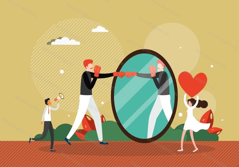 Man boxing with his reflection in mirror, flat vector illustration. Fighting with yourself. Battle against yourself concept.