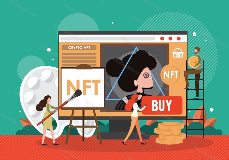 NFT umělec vytváření crypto art, digitální umělecká díla s obrovským štětcem na obrazovce počítače, vektorové ilustrace. Crypto Art market. Non-fungible token, technologie NFT. Ethereum blockchain.