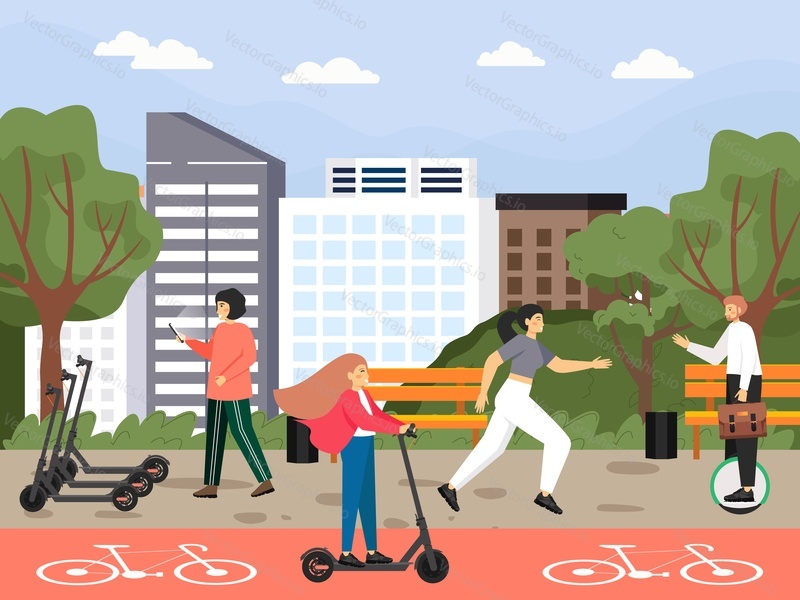 Happy people riding electric scooters, running in city park, flat vector illustration. Active and healthy lifestyle. Summer outdoor activity. Eco city transport.