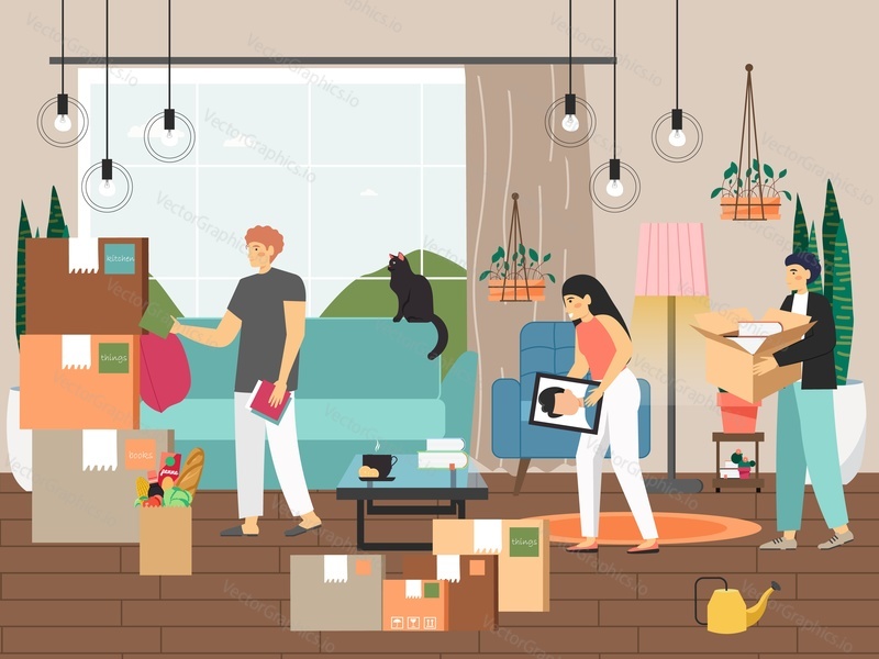 Rodina se stěhuje do nového domova, plochá vektorová ilustrace. Interiér obývacího pokoje. Mužské a ženské postavy balí věci do kartonových krabic. Stěhování a přemístění.