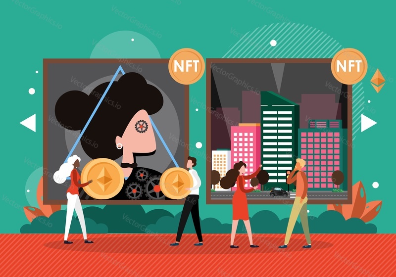 Художники NFT продают свои уникальные цифровые произведения искусства покупателям, коллекционерам, плоским векторным иллюстрациям. Рынок криптоискусства, аукцион. Не заменимый токен, технология NFT. Блокчейн Ethereum.