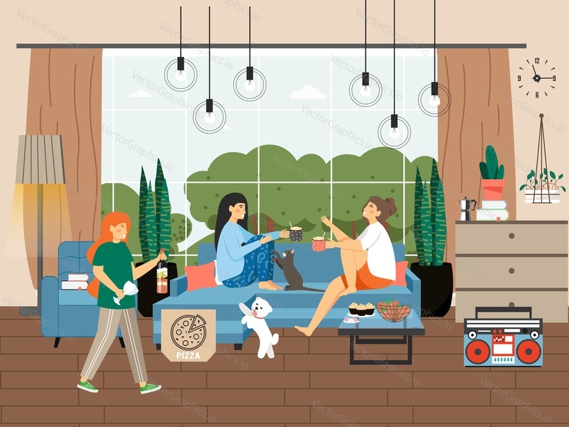Dívčí párty. Šťastné mladé kamarádky tráví čas společně doma, plochá vektorová ilustrace. Ženské postavy jíst pizzu, koláče, pít víno, kávu, poslouchat hudbu a bavit se.