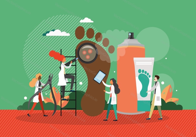 Doctor podologist tiny male and female characters inspecting huge human foot with corns and calluses, flat vector illustration. Podology and podiatry, diagnosis and treatment.