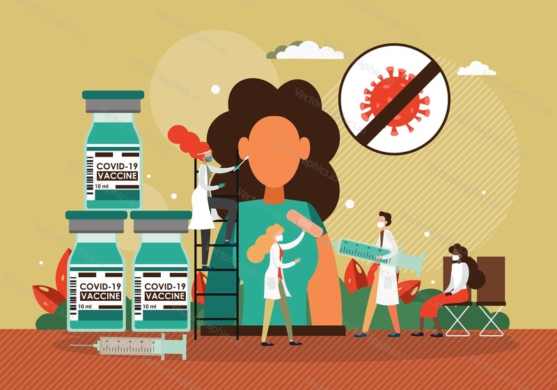 Doctor giving COVID-19 vaccine injection into female patient upper arm, flat vector illustration. Safe and effective vaccine for full protection from corona virus.Time to vaccinate. Immunity health.