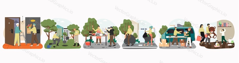 Dobrovolníci, kteří poskytují oblečení, jídlo pro bezdomovce, staré, chudé lidi, sbírají odpadky, vysazují stromy v městském parku, dávají hračky sirotkům, vektorové ilustrace. Dobrovolnictví, charita, darování.